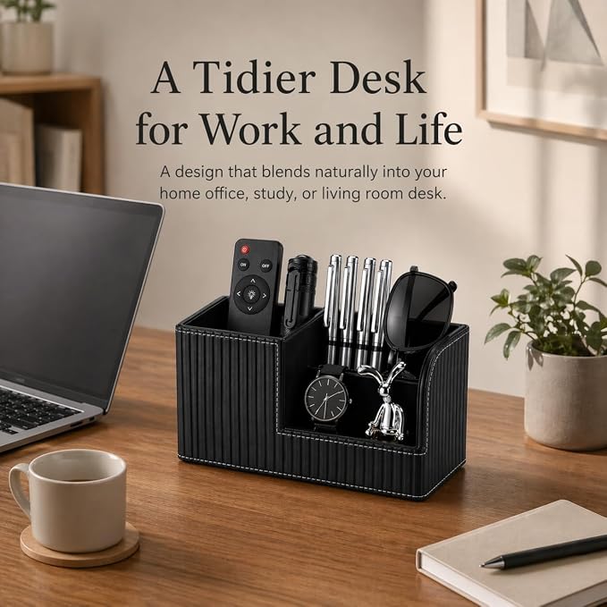 KINGFOM Desk Pen Organizer Office Supplies Caddy Pu Leather Multi-function Storage Box Pen/Pencil,Cell phone, Business Name Cards Remote Control Holder (Black)