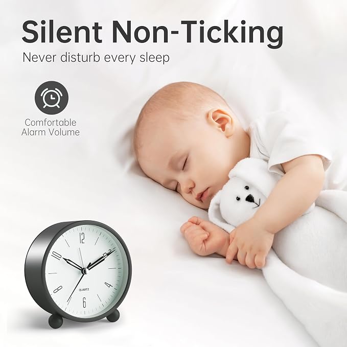 JALL Analog Alarm Clock, 4 inch Super Silent Non Ticking Small Clock with Night Light, Battery Operated, Simple Design, Old Fashioned Style Black Decor, for Bedroom, Bedside, Desk, Adult, Gift, Black
