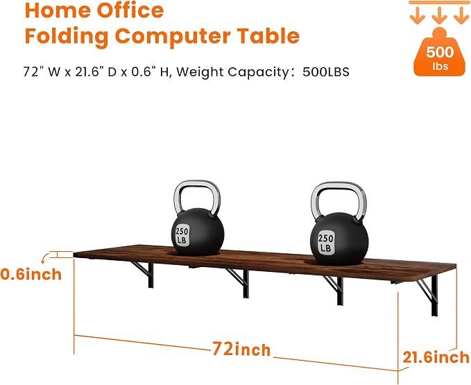 IAE Wall Mounted Floating Foldable Desk 72" x 22" Folding Computer Workstation Table with Engineered Wood and Metal Shelf Brackets,Fold&Floating Design for Home Office, Apartment,Laundry Room,Rustic