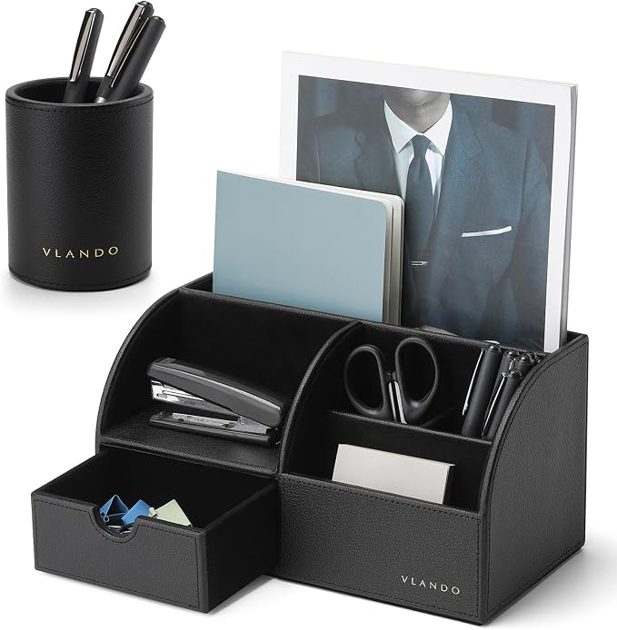 VLANDO 2 Pcs PU Leather Desk Caddy Set with Drawer,Pen Holder | Set for Office Supplies,Remote Controls,Pens,Small Accessories,Workspace Decor for Men,Black