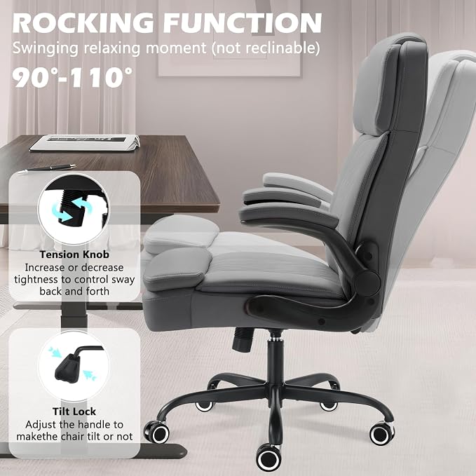 450 LBS Big and Tall Executive Office Chair with Flip up Arm, Heavy Duty Leather Computer Desk Chair,Comfortable High Back Swivel Home Office Chair with Rolling for Adults (Gray)