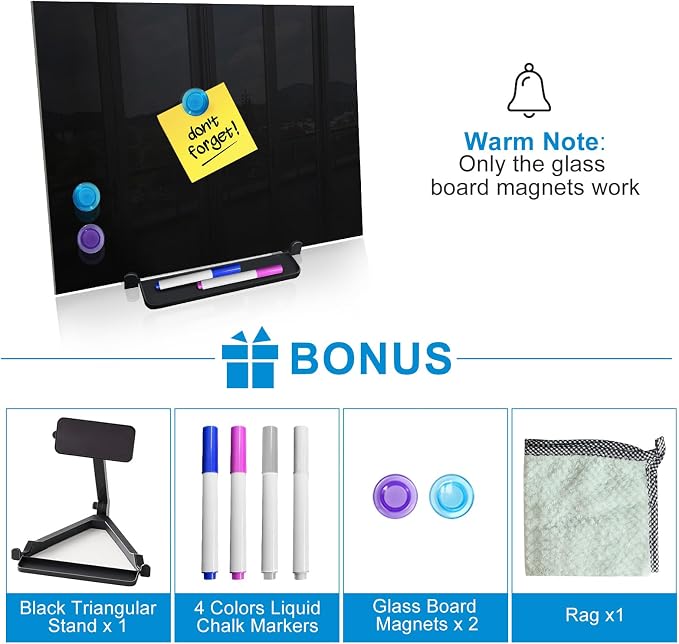 Black Magnetic Glass Board Desktop Easel, 16x12 Black Dry Erase Board for Desk, Tabletop Glass Whiteboard on Adjustable Stand, ZHIDIAN Portable Tempered Glass Board for Office Home