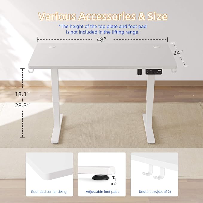 YIHAYO Low Height Adjustable Desk, Lifts 18.1-28.3 Inches, Electric Standing Desk for Short People, 48 x 24 Inches Computer Table with Splice Board for Home Office, White