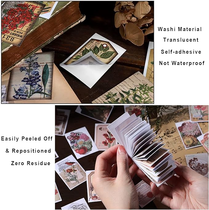 300 Pcs Scrapbook Washi Stickers,Vintage Flower Butterfly Botanical Sticker Book for Junk Journal,Decorative Paper Stickers for Bullet Journal, Album, Collage, Planner, Gift Wrapping