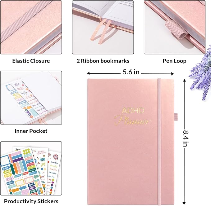 SUNEE Adhd Daily Planner for Adults,3-Month Undated Daily Weekly Monthly Planner for Productivity, Goal Setting, Time Management, Work & Life - for Men & Women,Vision Board + Stickers,Rose Gold