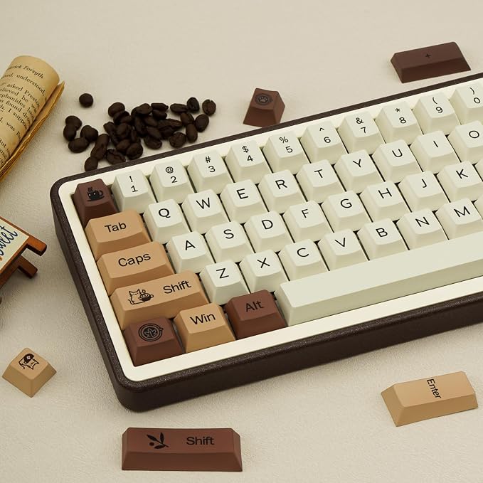 Brown PBT Keycaps, Coffee Cat Cute Keycaps, Cherry Profile Key caps 60 65 75 100 Percent, Dye-Sublimation Custom 130 Keys Set for 100%, 75%, 65%, 60% Cherry Gateron MX Switches Keyboards