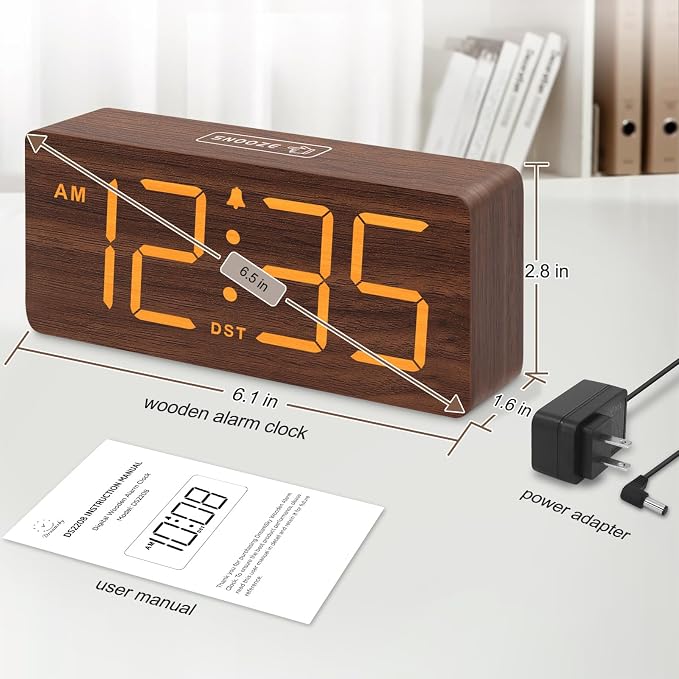 DreamSky Wooden Digital Alarm Clock for Bedroom with Large Numbers | Desk Clock for Living Room Office, Loud Alarm for Heavy Sleepers Adults, Volume Control, Dimmer, DST, Wood Decor (Plug-in)