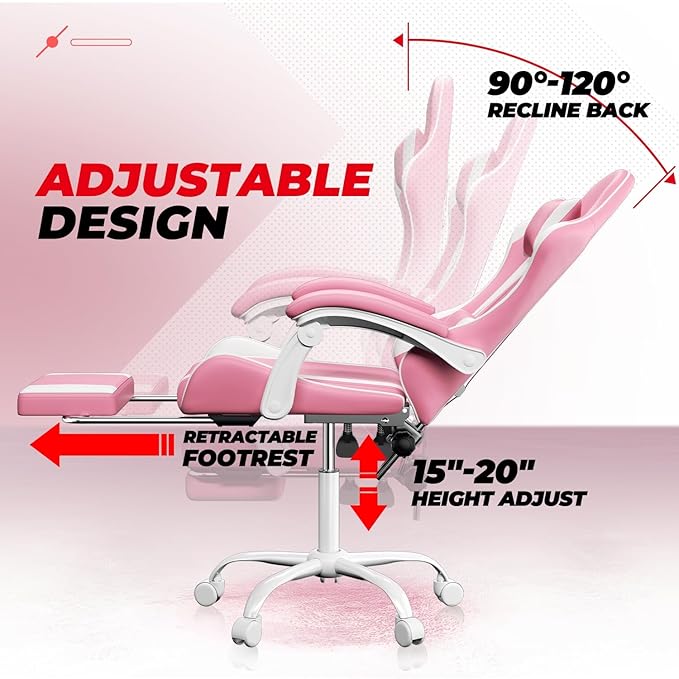 Auto Dynasty Ergonomic Gaming Chair, High-Back Office Chair w/Adjustable Lumbar Support, Linkage Armrest, Headrest & Footrest, 350LBS Recliner Swivel Computer Game Racing Chair, Pink/White