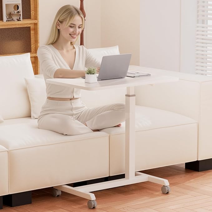 GTPLAYER Small Standing Desk, 24 Inches Mobile Foldable Rolling Laptop PC Table with Lockable Casters, Adjustable Height Overbed Bedside Table Computer Workstation for Home Office, White