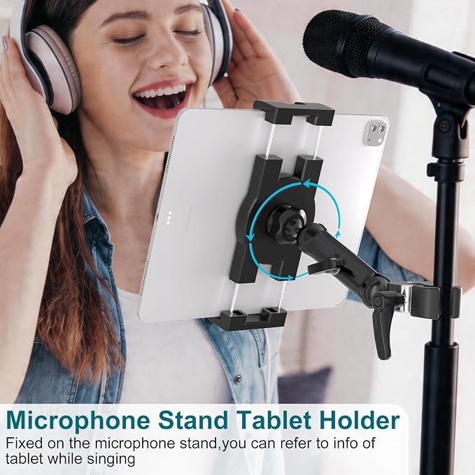 Mippko iPad Holder for Microphone Stand,Mic Music Stand Tablet Holder Mount,360°Adjustment Aluminium Alloy Arm Super Crab Clamp,Compatible with 4.7~12.9 inch iPad/Nexus/LG G Pads/Smartphones