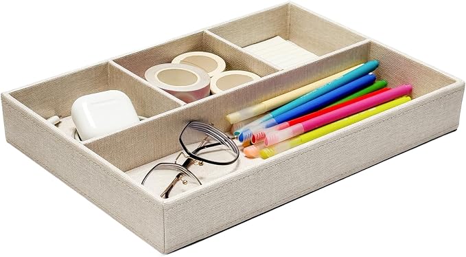 UnionBasic Flat 4-Slot Drawer Tray Desk Stationery Sundries Gadget Organizer Storage Box Pen Pencil Holder Case Container, Beige