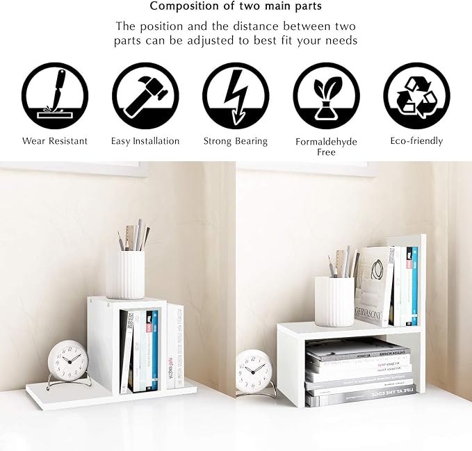 Jerry & Maggie - Desktop Organizer Office Storage Rack Adjustable Wood Display Shelf | Birthday Gifts - Toy - Home Decor | - Free Style Rotation Display - True Natural Stand Shelf (White) | Wooden Desk Organizer, Cute Dorm & Cubicle Decor. Stores Makeu...