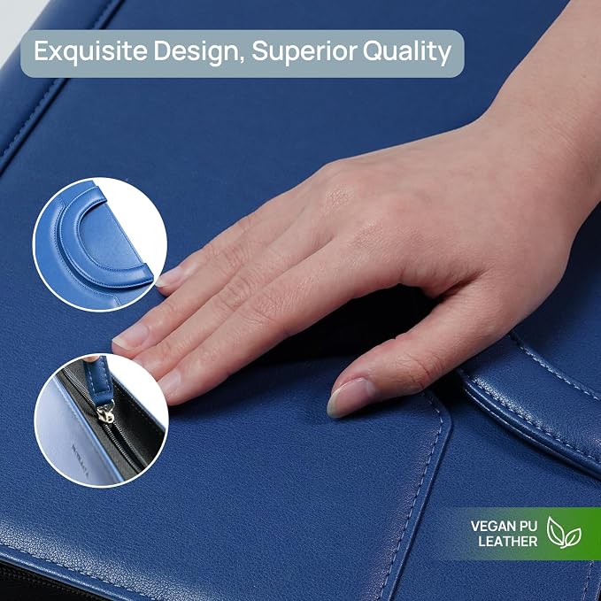 POPRUN Portfolio Organizer with Handle, PU Leather Padfolio Binder Including 50 Page Writing Pad, Document Tablet Business Card Storage Folder for Office Conference, Blue