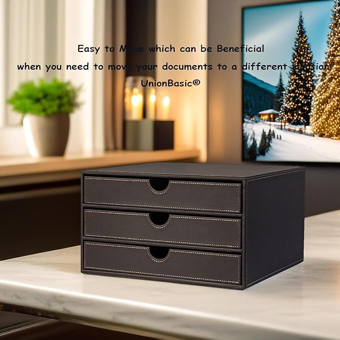 UnionBasic Leather Desktop Drawer Organizer, File Cabinet Magazine Document Holder, Office Supplies Desk Storage Organizer Box, 3 Drawer, Coffee