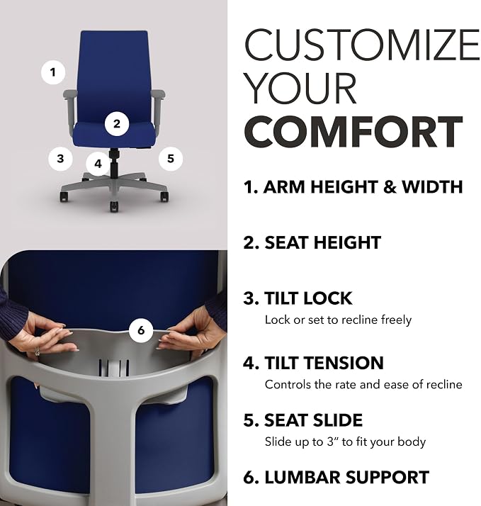 HON Ignition 2.0 Mid‑Back Ergonomic Office Chair, Mesh Task Desk Chair with Lumbar Support, Standard Synchro‑Tilt, Height and Width Adjustable Arms, Titanium Frame, Cobalt
