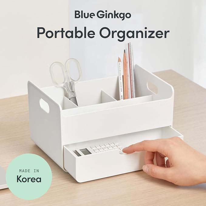 BLUE GINKGO Portable Desk Organizer, White, Made in Korea | 3 Compartments. Half Drawer. Everyday Storage.