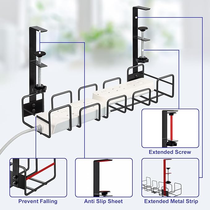 OneLeaf Under Desk Cable Management Tray - No Drill Wire Management Rack | Metal Cable Organizer Tray with Clamp, Under Desk Cord Management Storage Basket, Desk Accessories with Cable Organization
