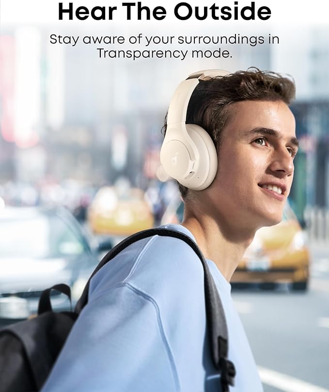 Soundcore by Anker Q20i Hybrid Active Noise Cancelling Headphones, Wireless Over-Ear Bluetooth, 40H Long ANC Playtime, Hi-Res Audio, Big Bass, Customize via an App, Transparency Mode (White) (Renewed)