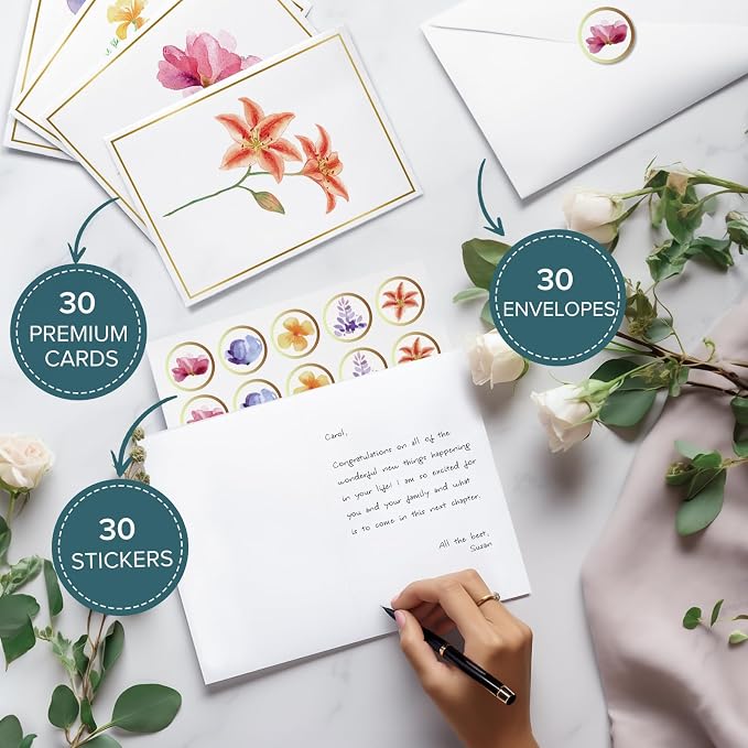 EACYART Blank Cards, 30 Pack Blank Greet Cards, Elegant Gold Foil Blank Note with Envelopes, Perfect Stationary Set For All Occasions, 5 Assorted Floral Designs
