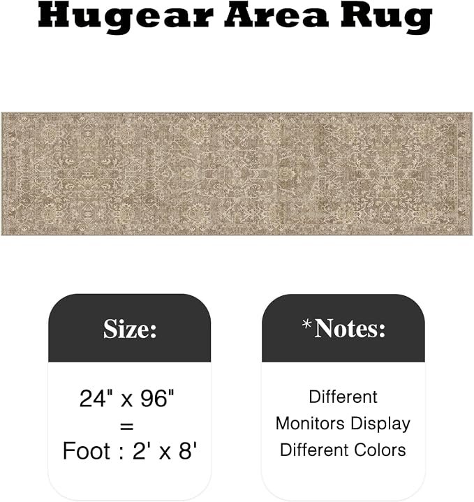 HUGEAR 2x8 Runner Rug Hallway Light Brown Machine Washable Vintage Floral Low Pile Carpet Vacuumable Distressed Long Throw Rug Bedroom Office Bathroom Kitchen Laundry Non Slip Soft Lightweight