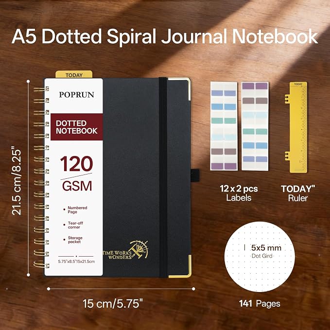 POPRUN Dotted Journal Spiral Notebook, A5 Bullet Dot Grid Journals for Women Men, 120 GSM Thick Paper, 141 Pages Hardcover Notebooks for Journaling, Drawing, Writing, 5.75'' x 8.25'', Black