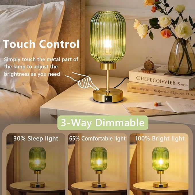 LAMSU Vintage Table Lamp for Bedroom with Bulb, Small Green Glass Beside Lamp with USB Ports, 3 Way Dimmable Gold Desk Lamp, Mid Century Modern Nightstand Lamp for Living Room, Office, Home Decor