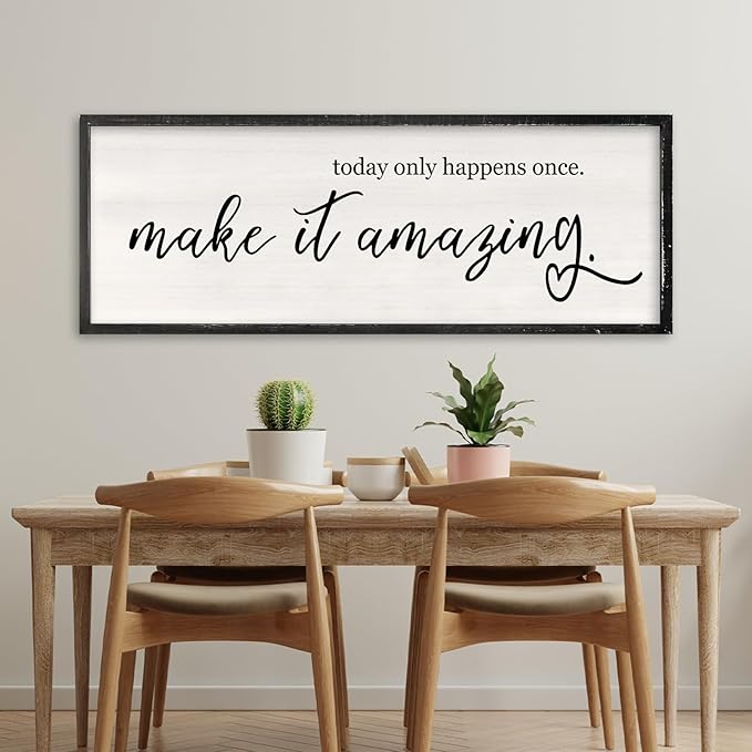 RLWangChao Today Only Happens Once Make It Amazing Wall Art Decor 32x12 Inch Large Inspirational Quote Sign Rustic Living Room Vintage Wood Frame Office Motivational Home Wall Hanging (Black)