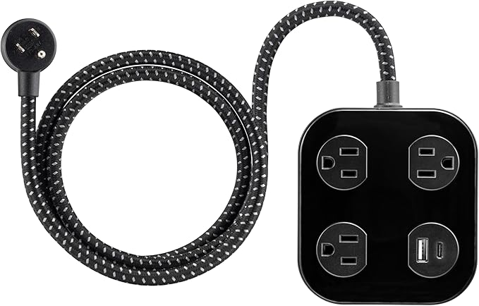 GE UltraPro 3-Outlet Surge Protector with 4ft Braided Cord, Power Strip, Extension Cord, Flat Plug, 1 USB-A & 1 USB-C Port, 245 Joules, for Home School & Office, Charging Station, Black – 82592