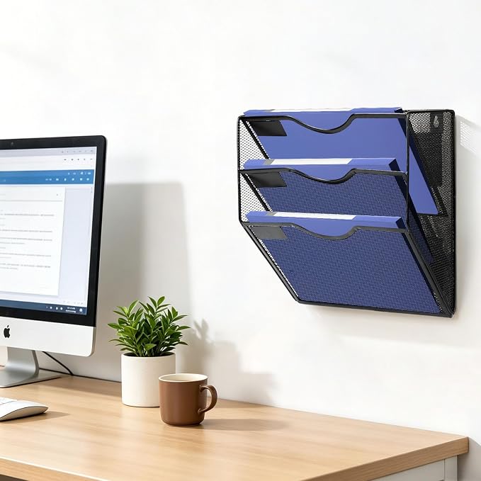 Magnetic File Holder,No Assembly Required & No Drilling,Hanging Magnetic File Organizer,Magnetic Mail Paper Folder Holder for Refrigerator,Whiteboard,File Cabinets (3-Tier)