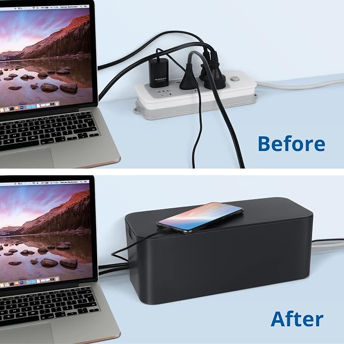 ZhiYo 2 Pack Cable Management Box, Medium & XL, Power Strip Organizer Black | Hidden Rear Cable Routing, Durable ABS Construction, Fits Power Strips Up to 13.4", Ideal for Desks, TV Areas & Floor Corners