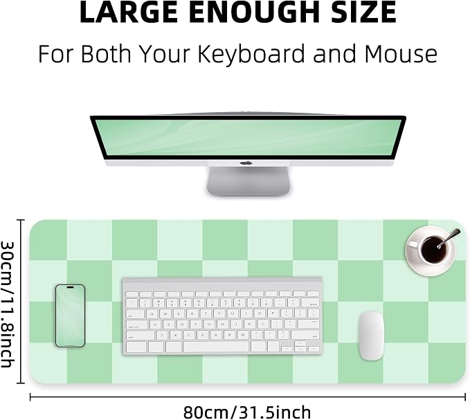 AFIING Sage Green Checkered Desk Mat 31.5" x 12", Waterproof Desk Pad | Non-Slip Rubber Base, Easy Clean Surface, Desk Protection, Office & Home