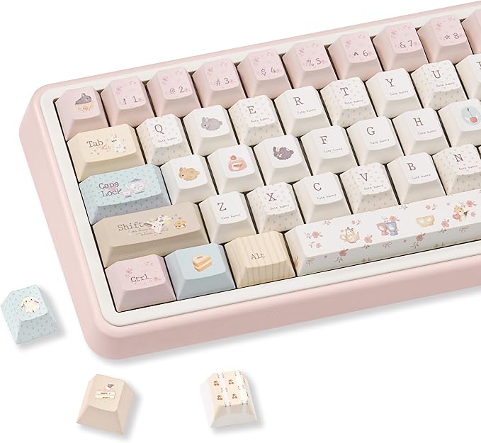 Pink Cute Rabbit Keycaps, PBT Custom Keyboard Caps, Cherry Profile Keycaps Set, Dye-Sublimation, 145 Keys for Mechanical Keyboard, Cute Key Caps Compatible with ANSI/ISO, 60% 75% 100%