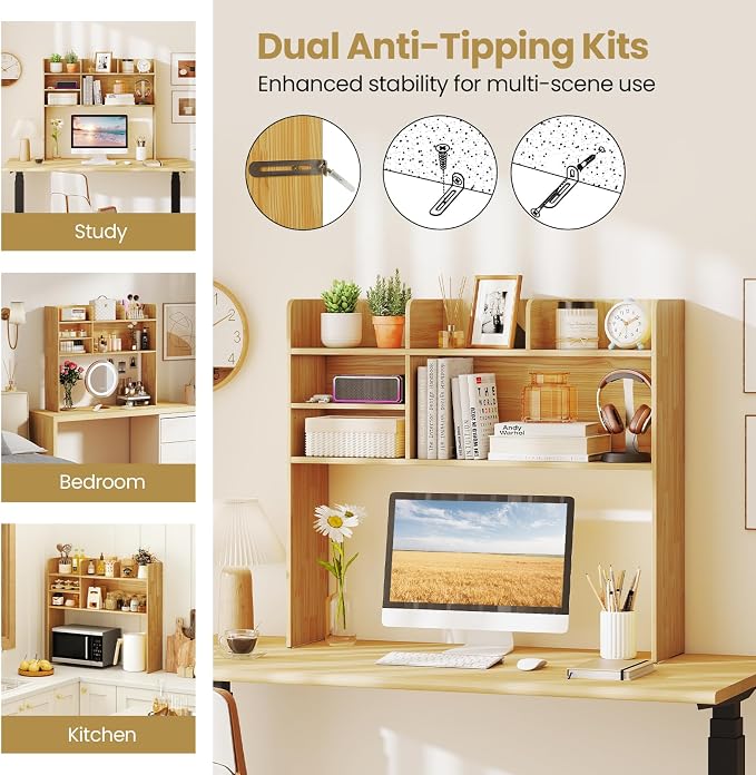 Tangkula Desktop Bookshelf for Computer Up to 32”, 37” Countertop Storage Hutch with 6 Storage Shelves, 3-Tier Desktop Organizer Display Rack, Wooden Desk Hutch for Dorm Home Office (Burlywood)