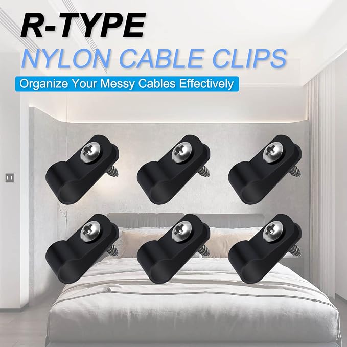 VIPMOON 100Pcs 5/16 Inch R-Type Cable Clamps, Nylon Plastic Cable Clips with Screws, Mounting Cord Fasteners for Electrical Wire Clamps Management, Black