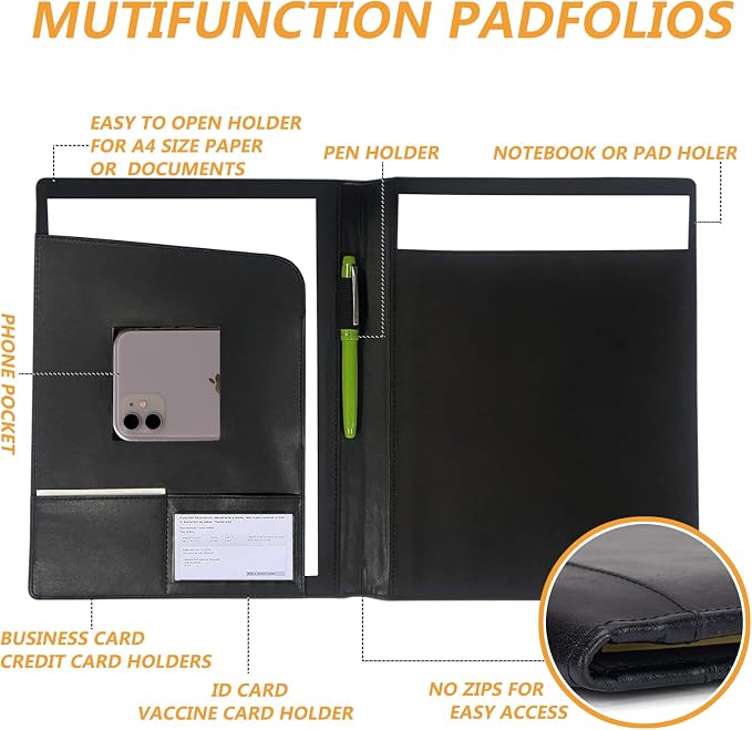Leather Portfolio Folder Padfolio, Business Padfolio Organizer Document Planner Portfolio Binder Storage Pocket for Legal Pad Holder Paperwork Phone Men Women (Black)