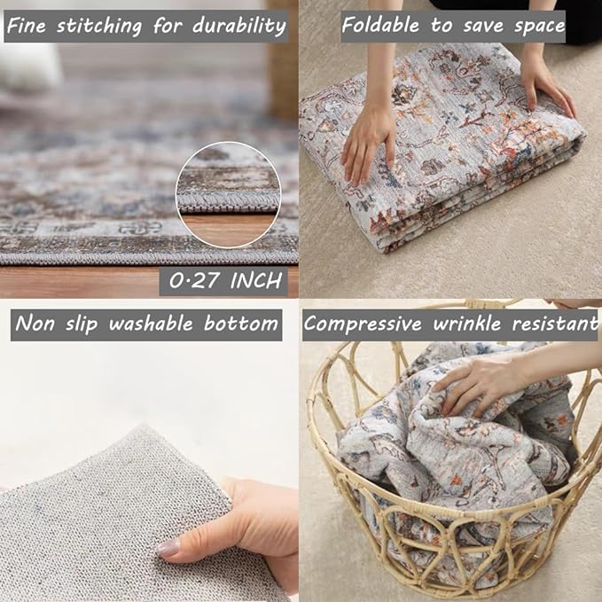 Area Rug 4x6 Washable Vintage Cover Foldable Thin Retro Accent Indoor Distressed Non Slip Carpet Floral Print Mat Bedroom Living Room Bathroom