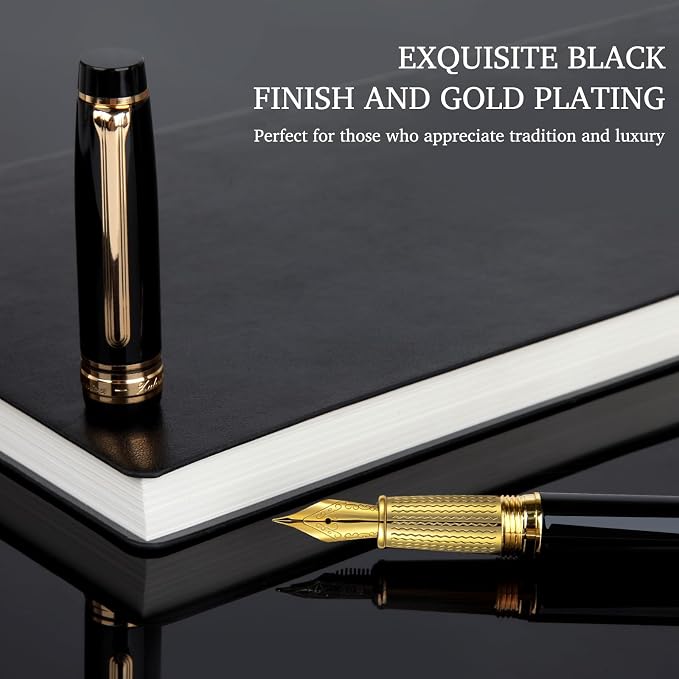 Fountain Pen & Rollerball Pen Set, 2-in-1 Luxury Writing Pen with F Iridium Fountain Pen Nib & 0.5mm Schmidt Rollerball Nib, Refillable Ink Cartridge & Converter, Brass Body with 24K Gold Accents