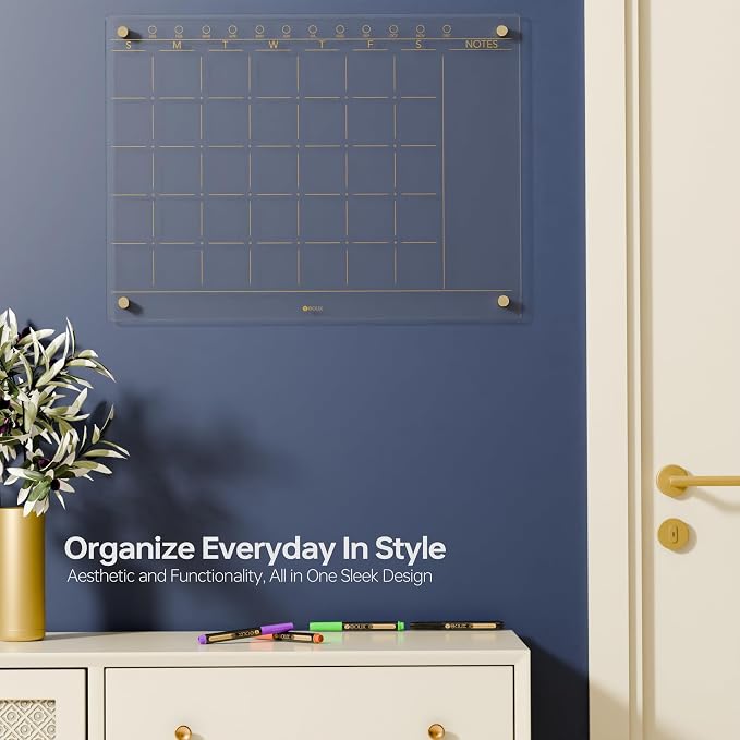 Yeoux Clear Glass Monthly Dry Erase Calendar Board for Wall, 17" x 23" | Large Monthly Planner, Easy Installation, Non-Magnetic, Frameless Tempered Glass, 4 Markers Included