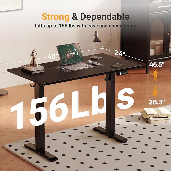 YDN Electric Standing Desk, 48x24 Inch, Black | 3 Memory Presets, Cable Management, Adjustable Height, Sit Stand, Computer Workstation, Home Office