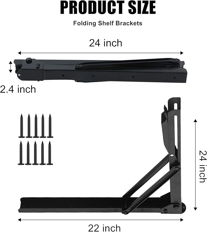 WALMANN 24" Folding Shelf Brackets, Heavy Duty Collapsible Brackets for Shelves Wall Mounted Hinges Space Saving Folding Bracket for Table Bench
