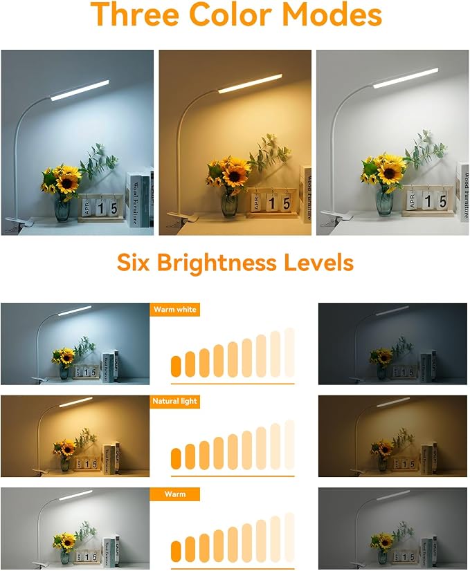 Eye-Caring Adjustable LED Reading Clamp Desk Lamp with 48 LEDs Flexible Neck, 3 Color Modes & 11 Brightness Levels for Office Bedroom Study (White)