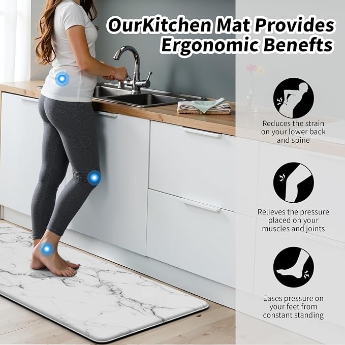 Marble White Kitchen Mats for Floor, Cushioned Anti Fatigue Non-Slip | Cushioned Comfort,Non-Slip Backing,Waterproof Surface,Soft Underfoot,Easy Clean,Kitchen Sink,Laundry Room,Standing Desk