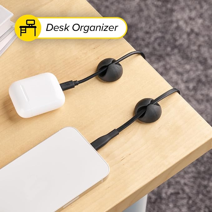 Wrap-It Storage Cable Clips - (Assorted 28-Pack) Black | Desk and Nightstand Cable Holder for Phone and Bedside Table Cord Organizer
