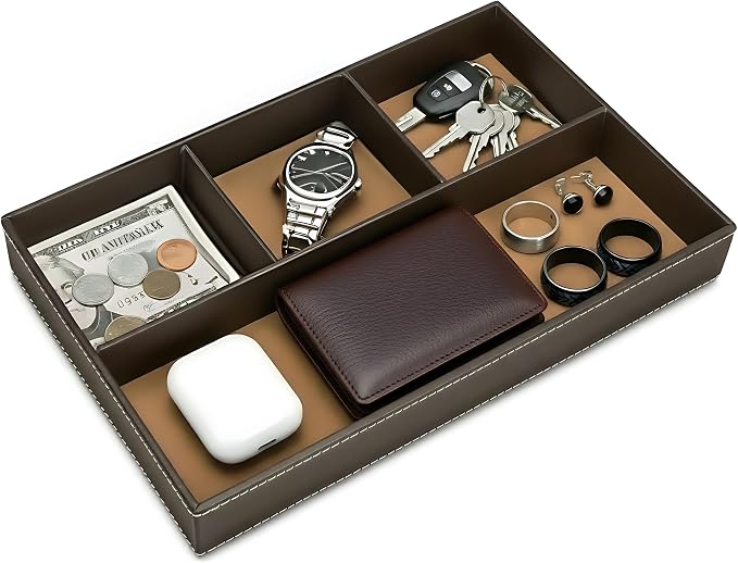 Leather Valet Organizer Nightstand & Dresser Storage Tray (Brown) | Stackable, Entryway Desk Catchall Tray for Keys Wallet Watch Phone, Bedside Desktop PU Leather Drawer Caddy Tray for Men