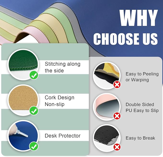 Dual-Sided Desk Pad, Natural Cork & PU Leather Mouse Pad for Desk, Desk Pad Protector, Non-Slip Desk Mat for Office and Home Work, (Dark Green, 23.6" x 13.7")