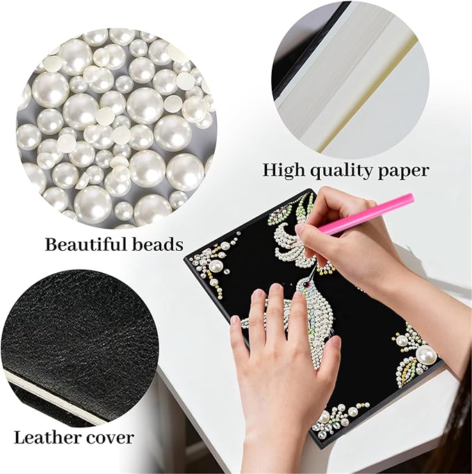 FRANDEK Pearl Painting Notebook Kit, Bird Flower A5 DIY Journal with 50 Blank Pages, Diamond Gem Art Cover with Waterproof Canvas, Beginner Craft Set with Full Tools for Adults