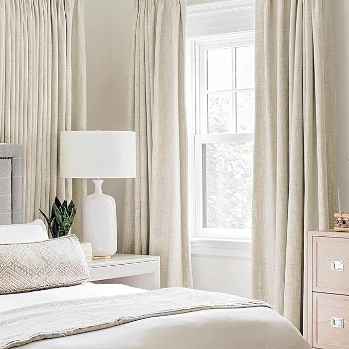 MIULEE 100% Blackout Linen Textured Curtains for Bedroom Solid Thermal Insulated Cream Grommet Room Darkening Curtains & Drapes Luxury Decor for Living Room 52 x 120 Inch (2 Panels)