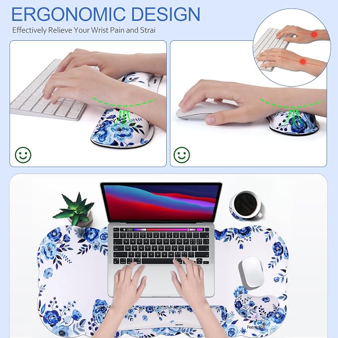 Petmolico Desk Pad Set with Wrist Rest for Keyboard & Mouse, Blue Flower | Anti-slip PU base, durable Lycra & memory foam, relieves wrist fatigue, perfect for work, home & daily use