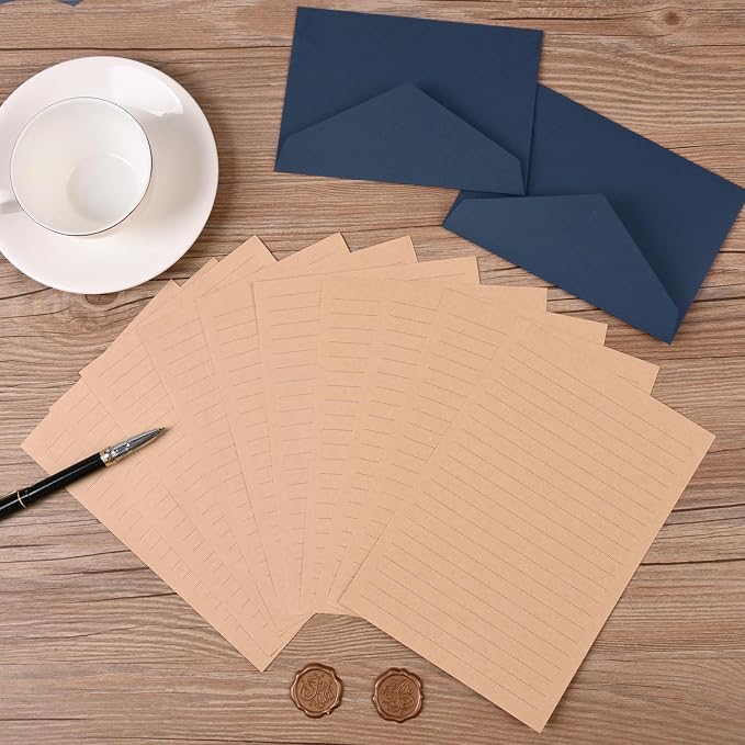 48 Pieces Stationery Set with Envelopes (24 Kraft Paper Sheets + 12 Linen Texture Envelopes+12 Wax Seal Stickers), Stationery Letter Writing Paper Set for Love Letters and Party Invitations (Blue)