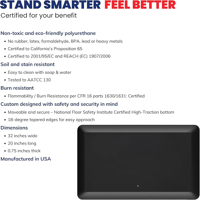 Patented One Foot Moveable Premium Ergonomic Anti-Fatigue Foam & Gel Mat for Adjustable-Height Office Desks, Kitchen Floors, and Home Use, Made in USA, Charcoal Black for Carpet